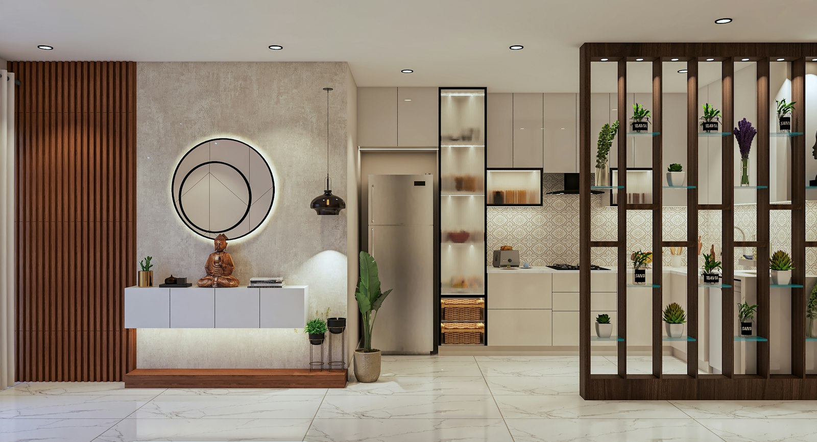 Stylish modern living room interior, representing a real estate virtual tour showcasing a listing