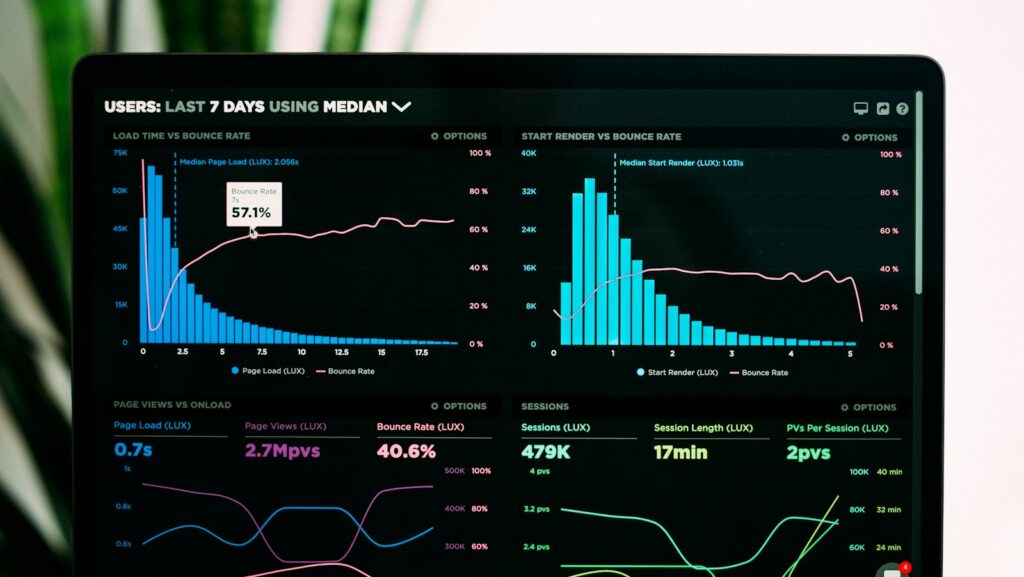 Laptop screen showing performance analytics and content graphs, representing topical authority in SEO